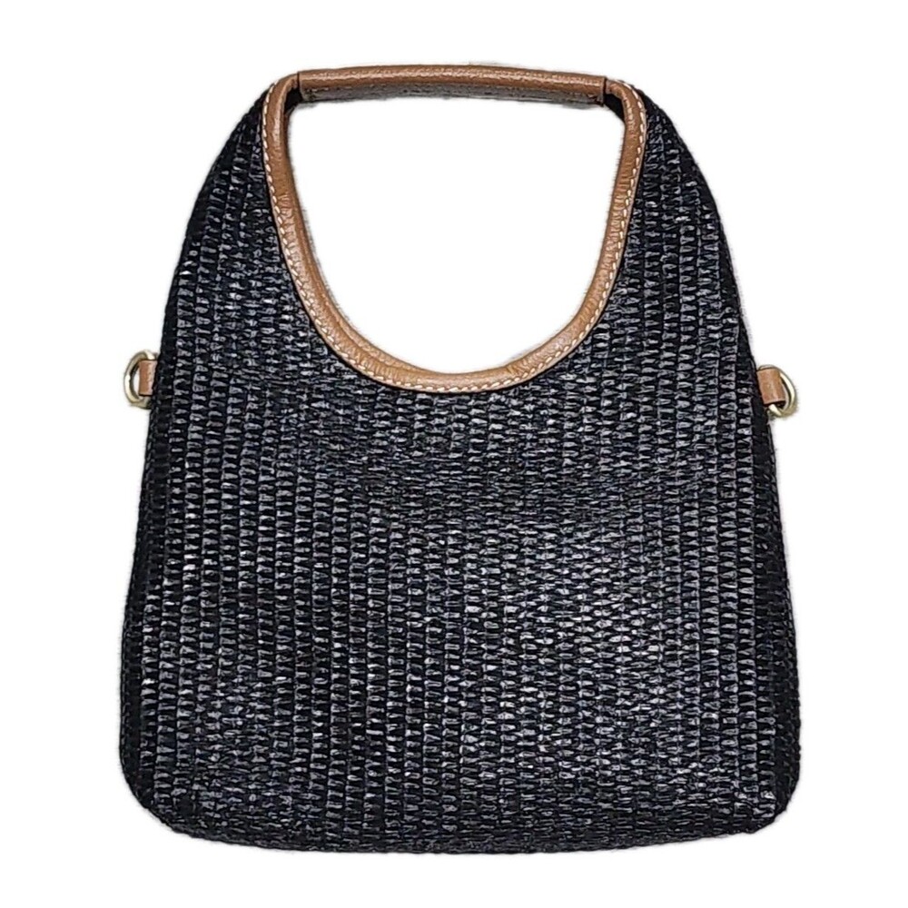 J Jill Straw Leather Trim Small Crossbody Black Top Handle And Detachable Strap - Picture 1 of 9